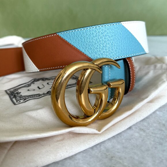 Gucci Calfskin Leather Belt Unisex GG Marmont 85cm Gold Double G 400593 - Picture 2 of 14